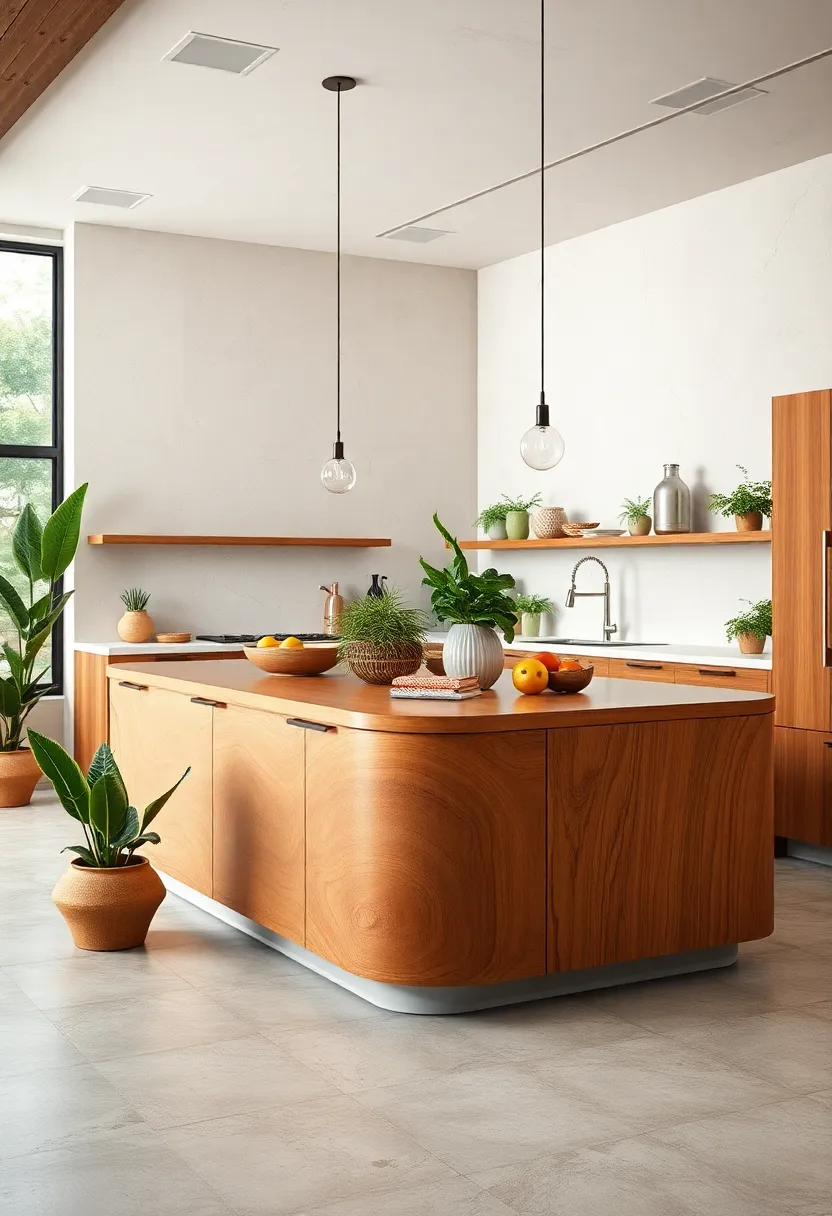 Warm Wooden Island ⁢With Smooth⁤ Curves⁤ Surrounded by Earth-Toned ⁢Ceramic Planters⁣ and Fresh​ Produce