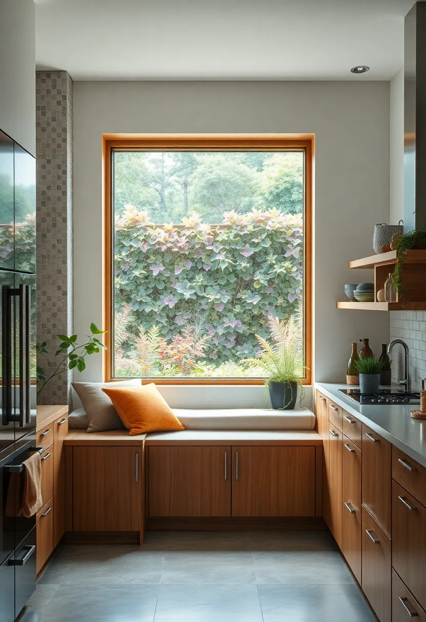 A Window Seat ⁢Made of ⁢Warm Oak Framing a‍ View ‌of ‍Garden Shrubs‍ and‌ Climbing Plants