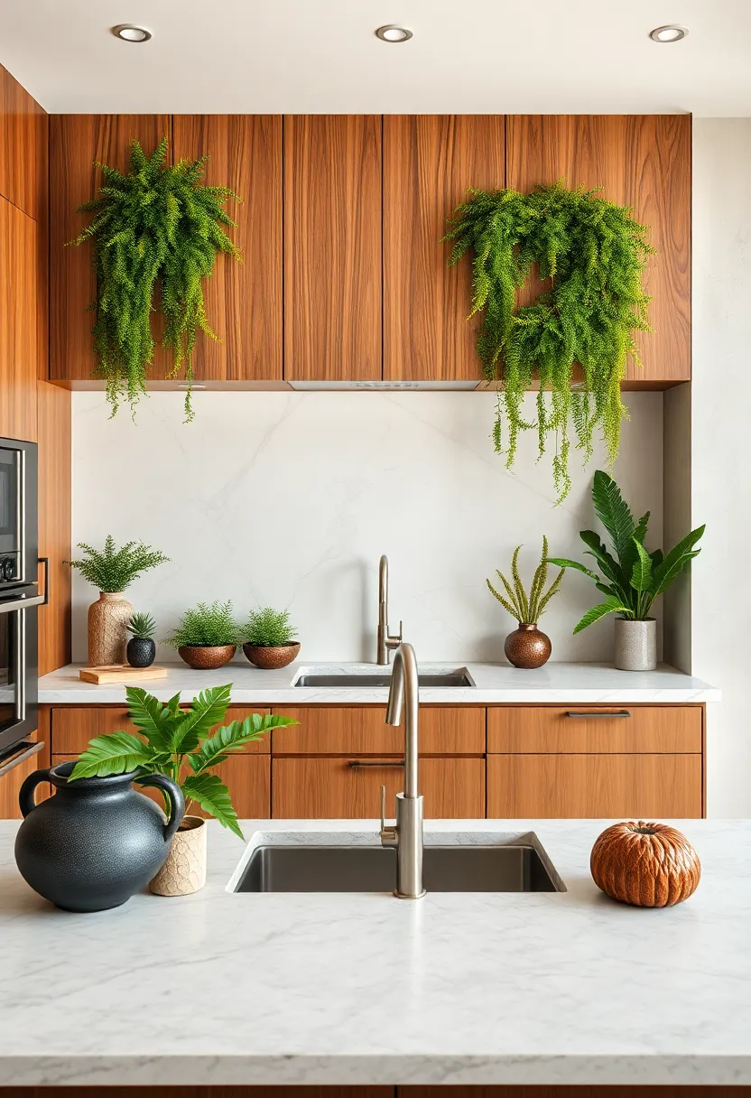 Wood Panel‍ Dropdowns Above The Sink​ Area Adorned With Cascading ⁣Ferns and Moss Elements
