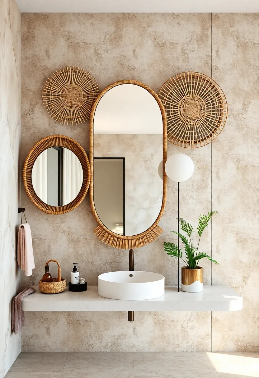Multi-Shape Woven Mirror Set – layer visual intrigue⁣ by grouping variously shaped woven mirrors⁢ that complement ⁣your boho bathroom