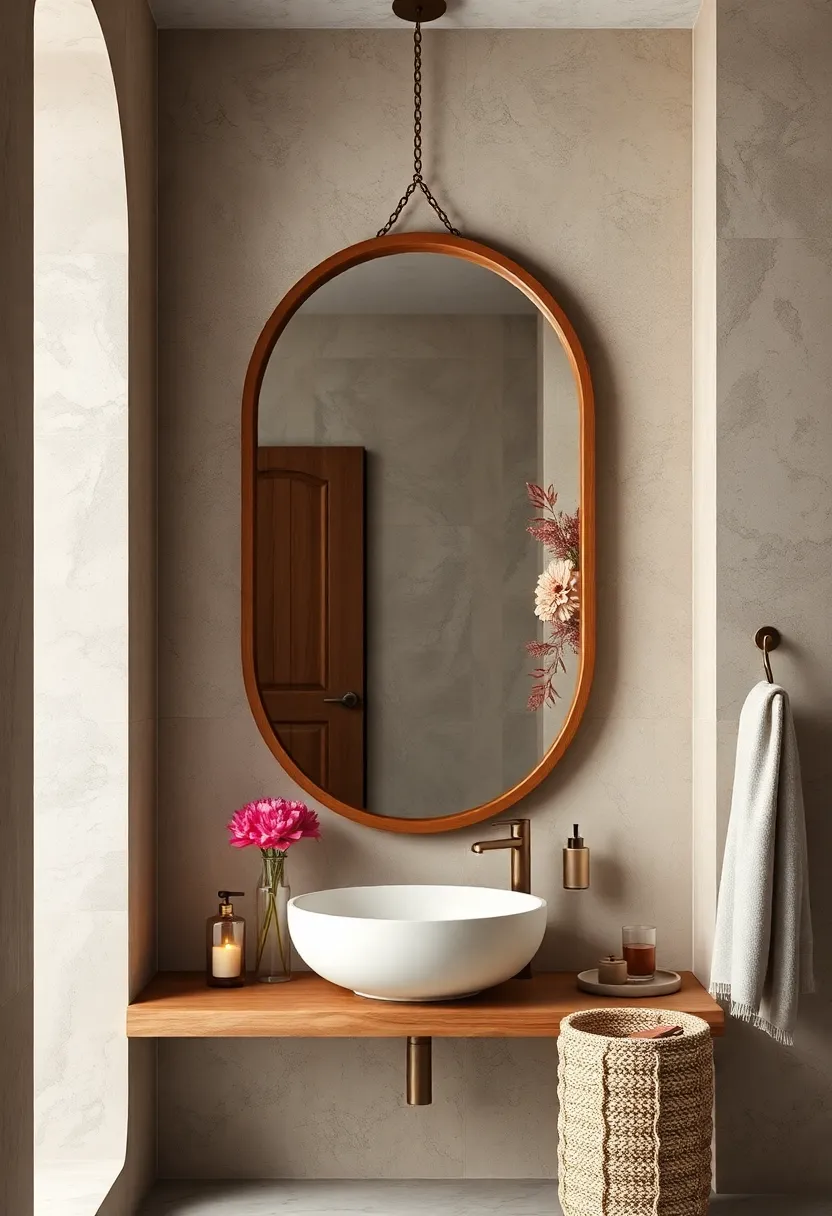 Oval mirror⁣ with Floral Inlay – celebrate feminine energy through a wooden frame inlaid with delicate floral motifs