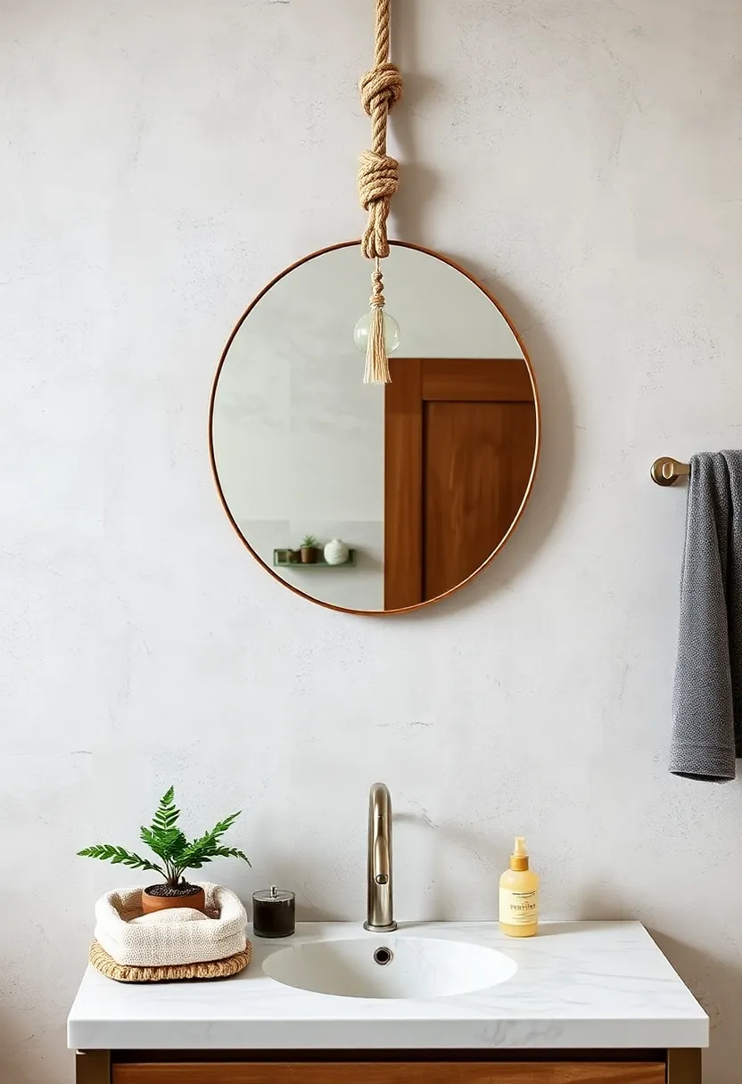 Rope Knot Hanging Mirror – Enhance nautical-inspired boho style by featuring a mirror hung with⁣ thick,‌ knotted natural⁣ rope