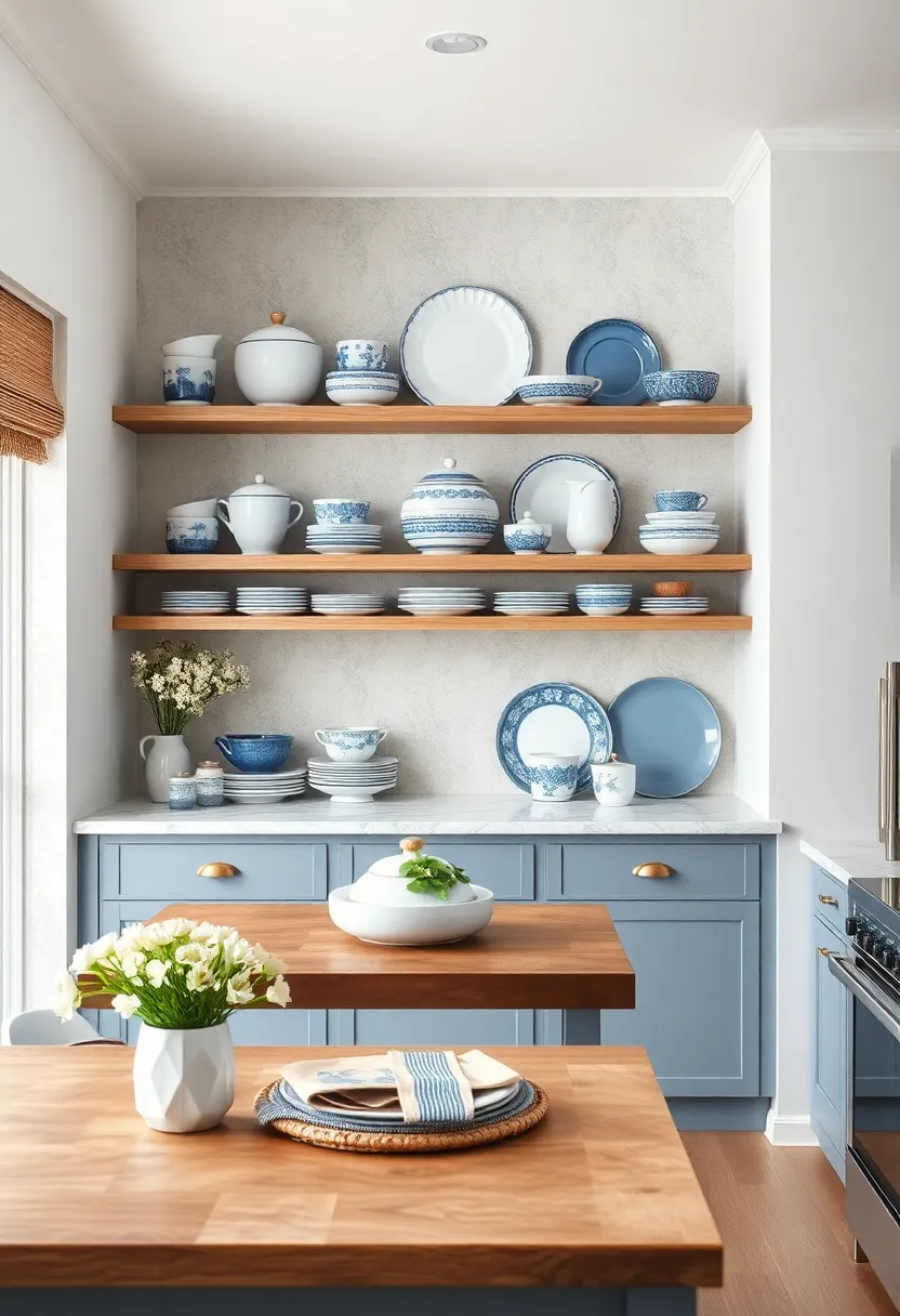 Blue and White Ceramic Dishware⁣ Display: Showcase blue and white ceramic dishes on ‌open shelves for ​a timeless ⁤coastal farmhouse aesthetic