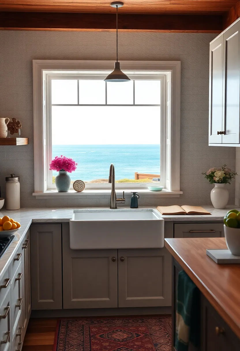 farmhouse Sink with Ocean Views: Position a ⁢deep farmhouse sink beneath a window⁤ overlooking the coastal scenery to blend function and ambiance