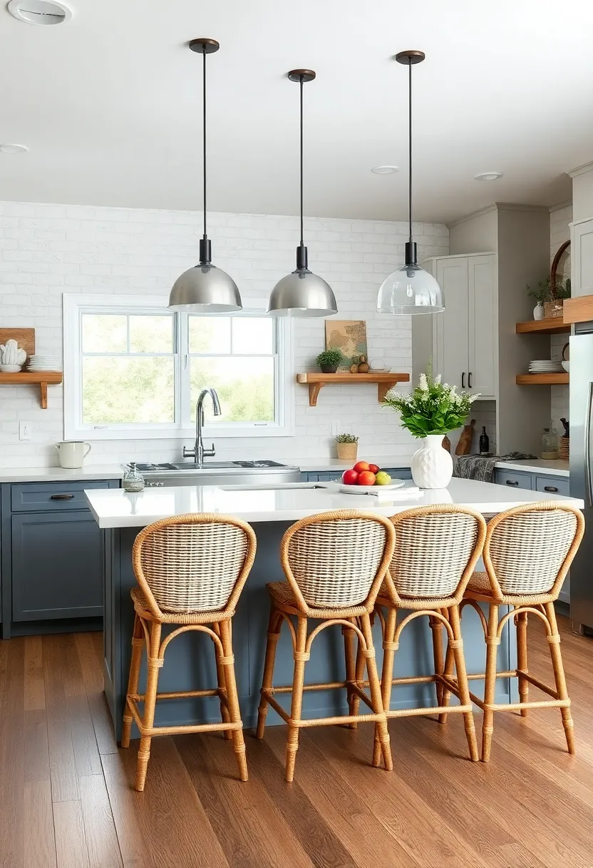 Wicker Bar Stools: Surround your kitchen ⁣island with wicker bar stools‍ to add texture⁣ and coastal warmth wrapped ⁣in farmhouse⁣ simplicity