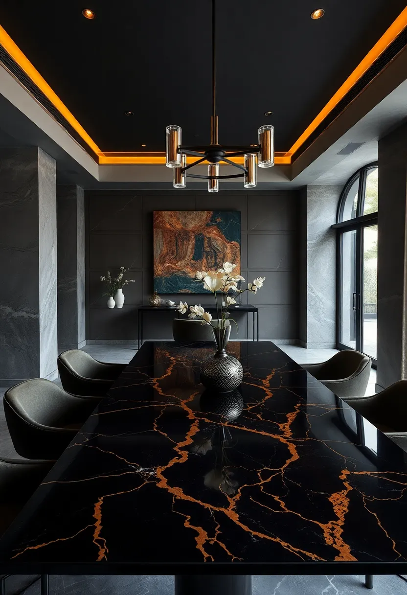 Black​ Marble Tabletops with ‍Gold Veining as a Bold, Opulent centerpiece