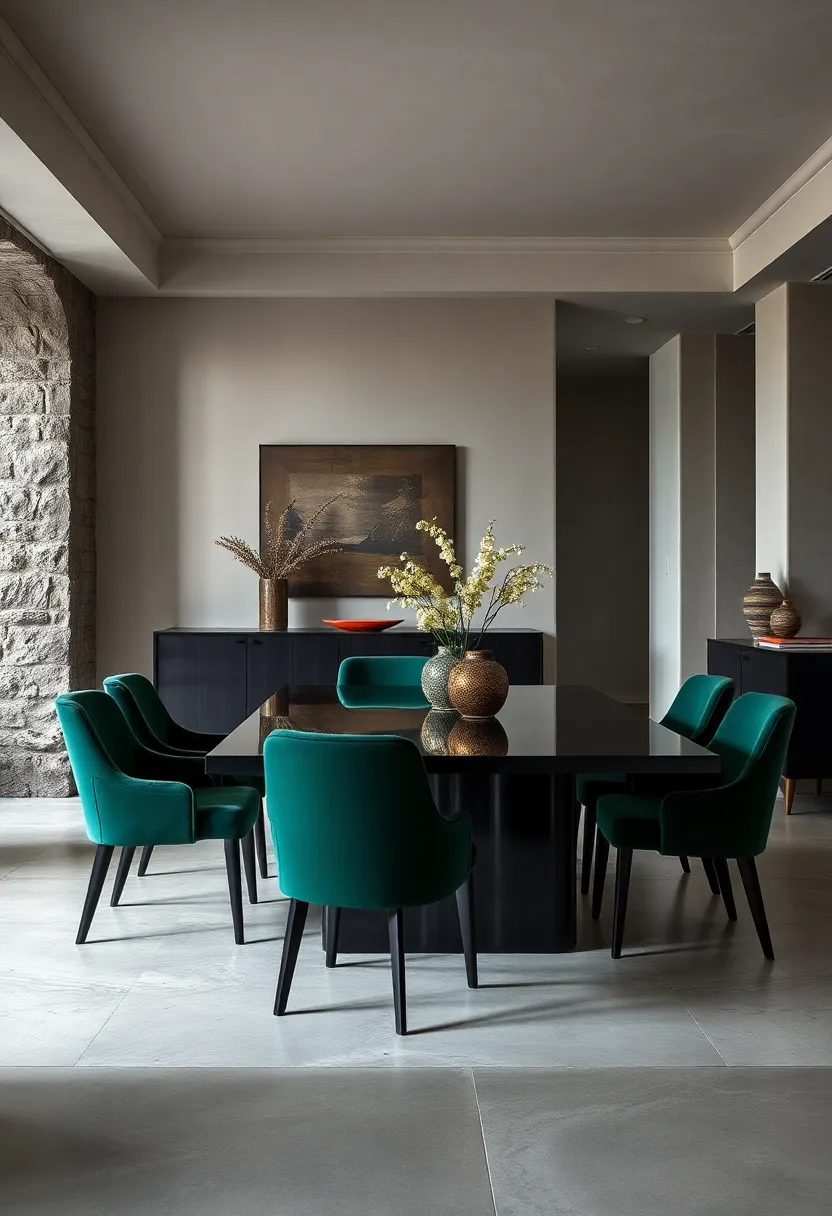 black ‌Lacquered Dining Table Paired ⁣with Dark Green Velvet‌ Chairs for Contrast