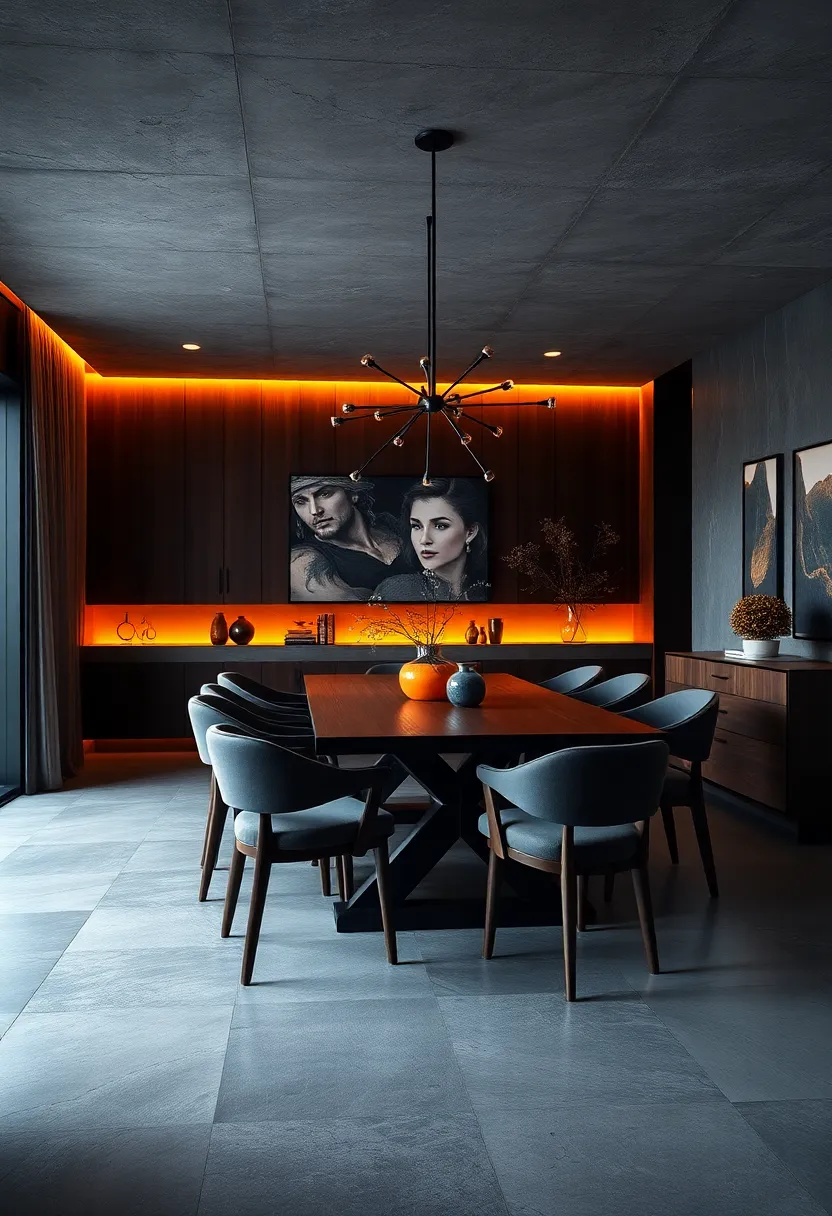 Dark Walnut Dining Set Highlighted by Soft Amber‍ Ambient Lighting