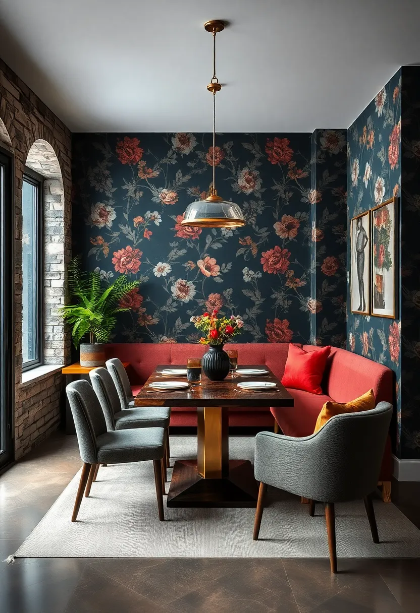 Dark Floral Wallpaper Creating a Dramatic Backdrop for a Cozy Dining Nook