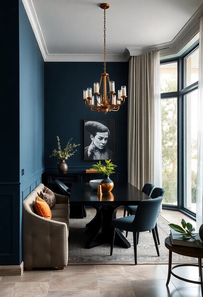 Deep Indigo Walls coupled‌ with Brass and Black Detailing for Timeless Sophistication