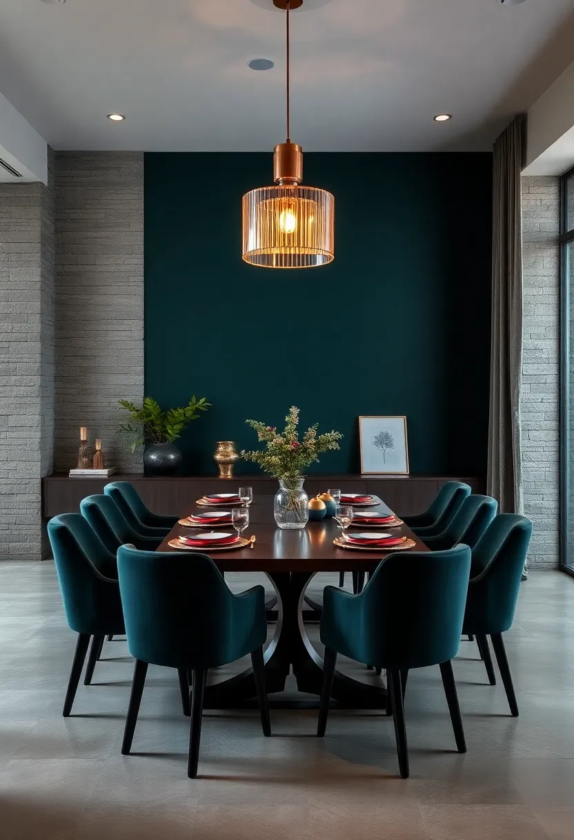 Dramatic Dark Teal Accent‌ Wall Complemented by ‌Warm Pendant Lighting