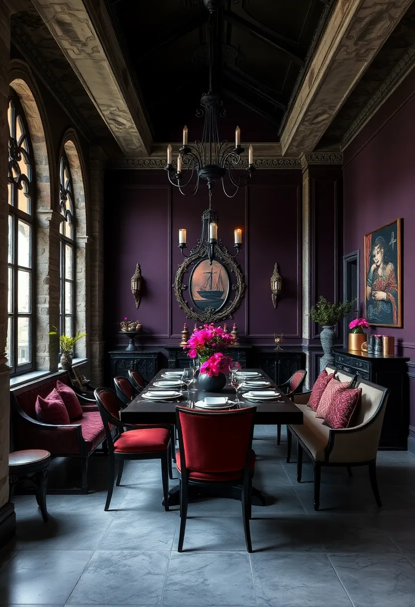 Gothic Revival Style ‌with‌ Deep Plum Walls ‌and Ornate Black ‍Iron‍ Detailing