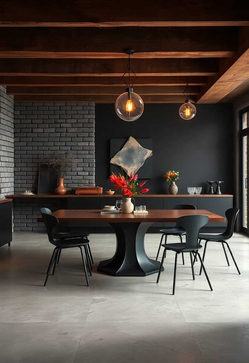 Industrial-Inspired Dining Room Featuring Charcoal Metal Chairs and Edison Lighting