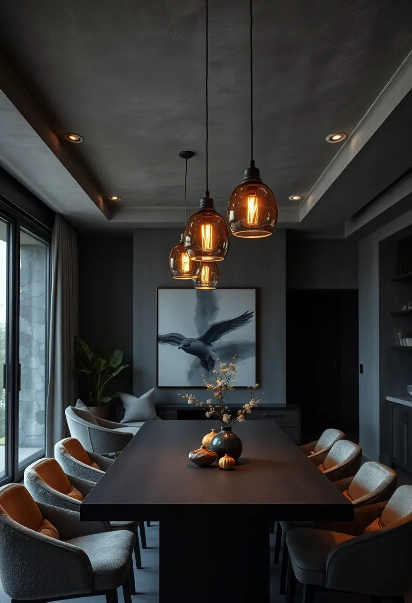 Low-Hanging ​Pendant ⁣Lights with Smoky Glass Shades Over a Charcoal Table