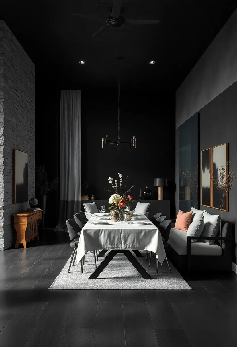 Minimalist Black and White Palette with Dark Stained Flooring for Balance