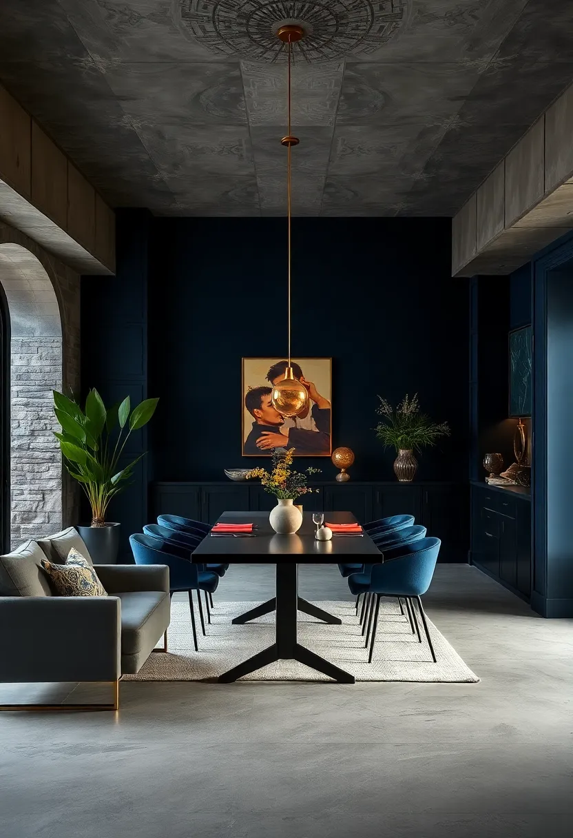 Moody Navy​ Blue Dining Room with‌ Brass Fixtures to Add Warmth and Elegance