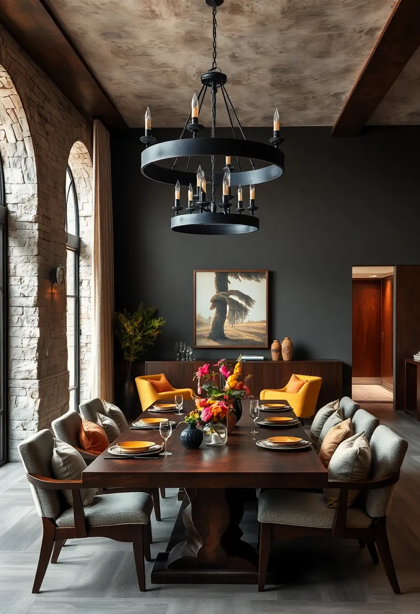 Rustic Black Iron Chandeliers Paired with Deep‍ Mahogany Furnishings