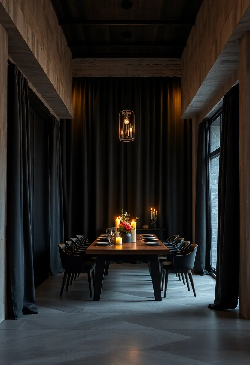 Soft Black Linen Curtains Framing ⁣a Dark Wood Dining Area ‌with Ambient Candlelight