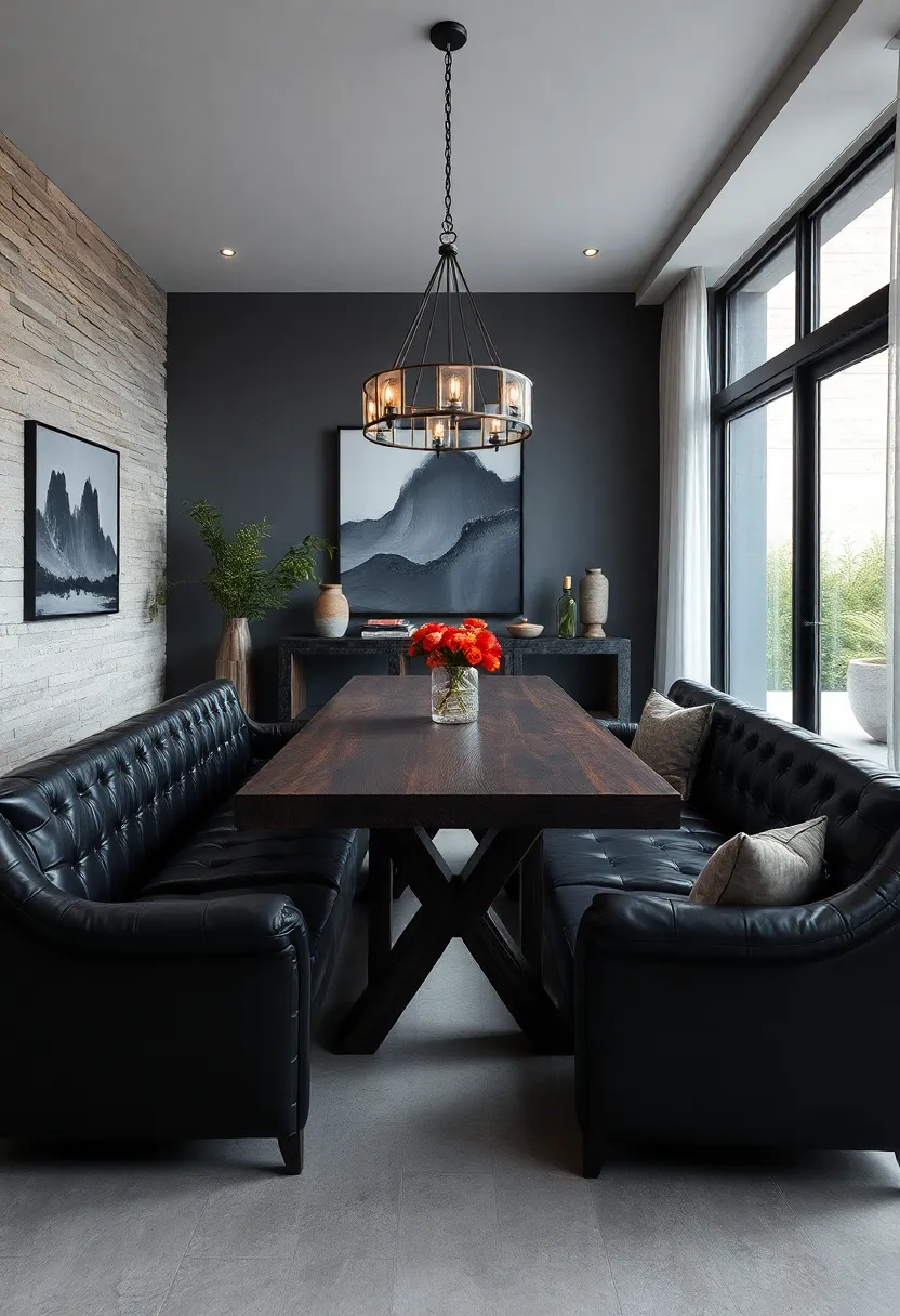 Textured Dark Wood Table Combined with Black Leather Seating for Rustic Luxury
