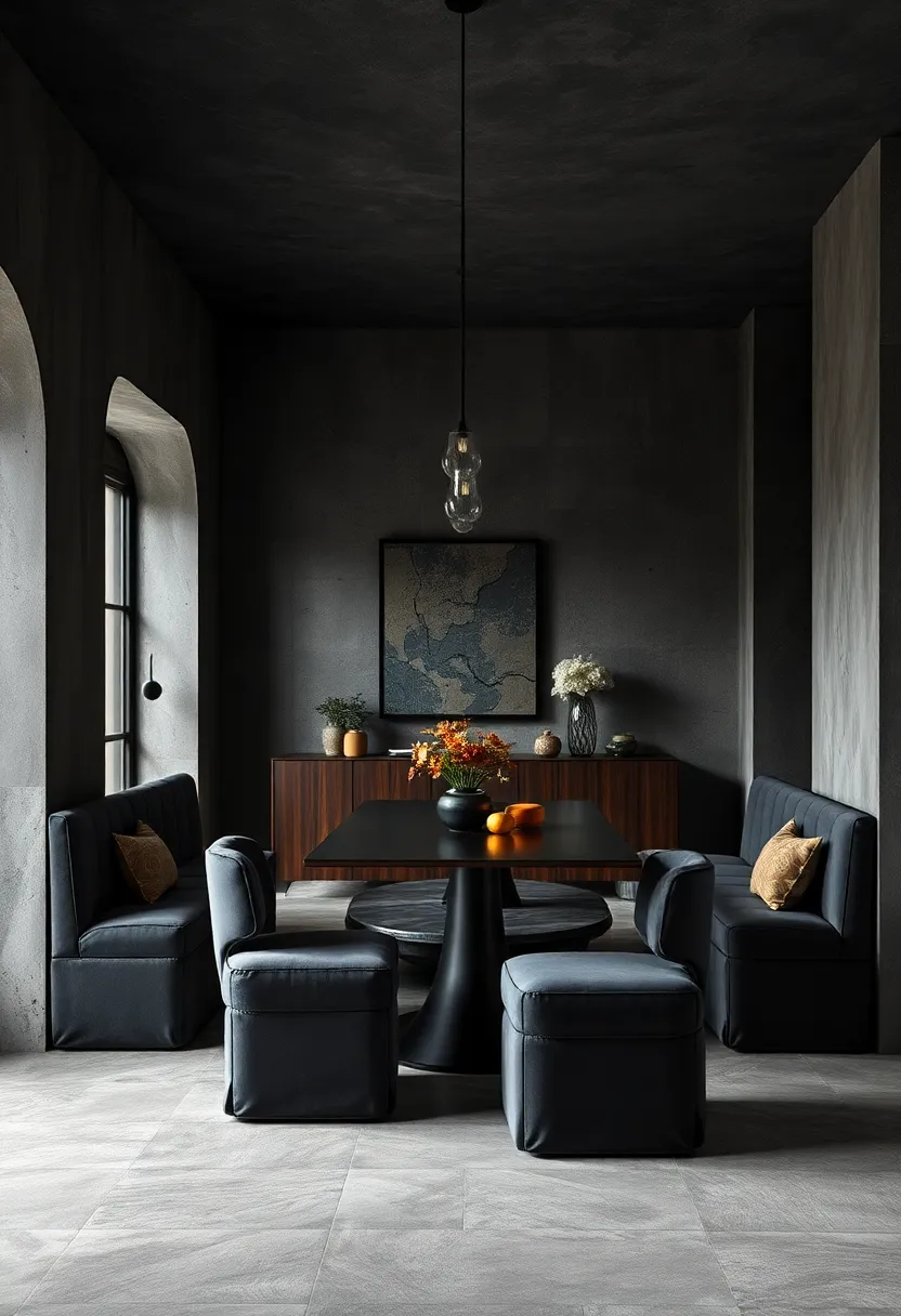 Velvet Upholstered Benches⁤ in Charcoal ​Against Textured Concrete Walls