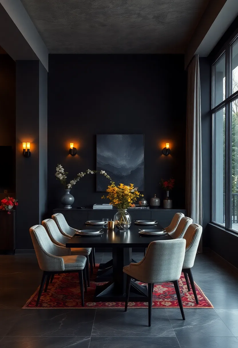 Wall-Mounted Sconces with Warm ⁢Light Against Coal-Black Walls ​to Set the Mood
