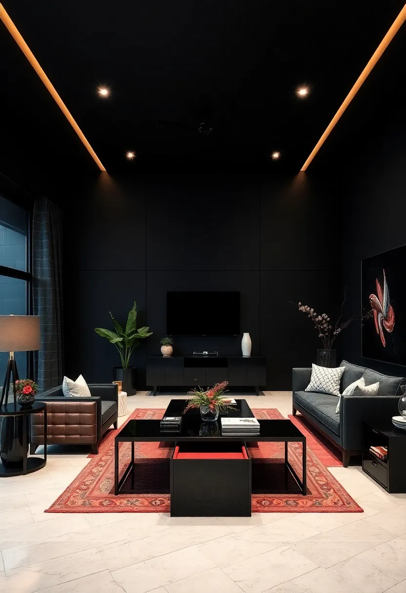 Sleek Minimalism: A spacious office with matte black walls and glossy ebony furniture combines simplicity with luxury for a‍ striking effect