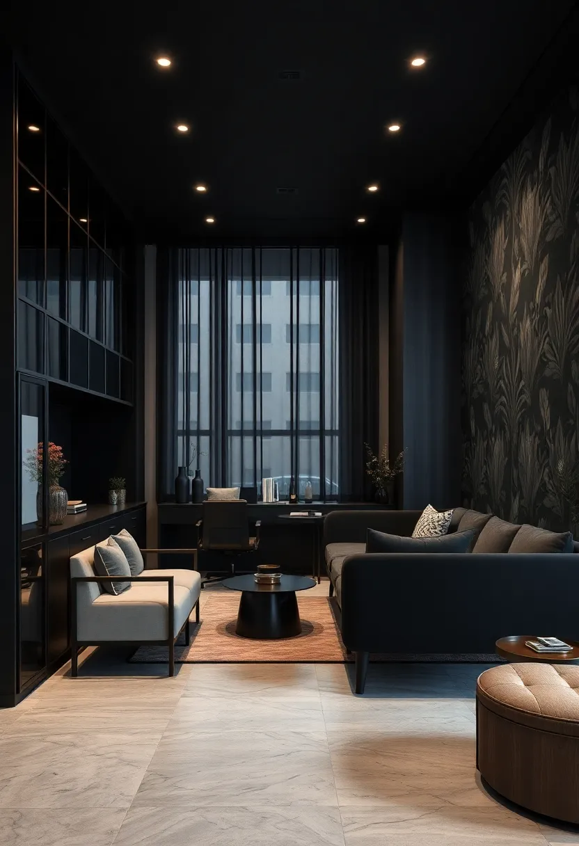 Dark Botanical: Black cabinetry and furniture paired ‌with botanical wallpaper featuring ​dark leaves ​bring nature indoors ⁢with‍ a moody twist