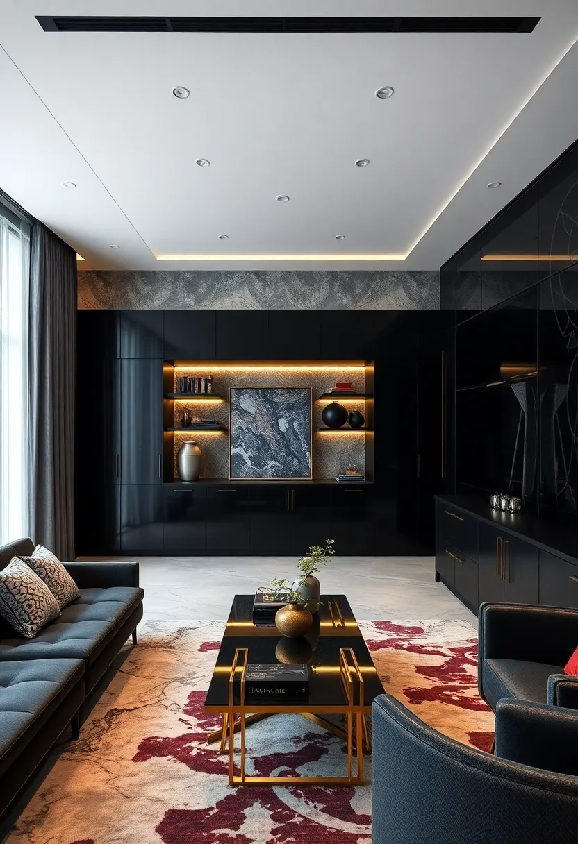 Midnight ⁣Metallics: Black lacquered cabinetry highlighted by gold hardware lends an ⁤opulent, jewel-like​ quality ⁢to ‍the office interior
