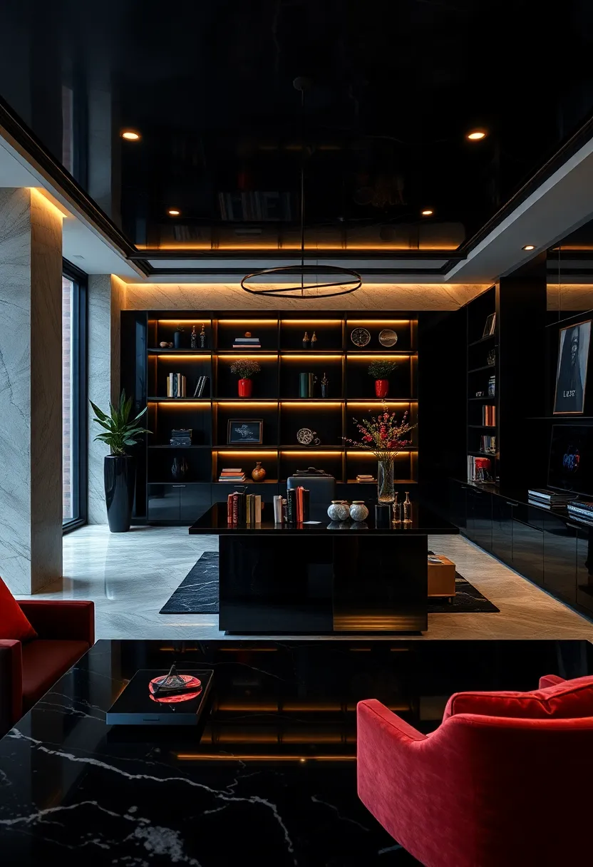 High-Gloss​ Drama: Reflective black surfaces ⁣on desks and ⁢storage units amplify light and space, enhancing the room’s sophisticated edge