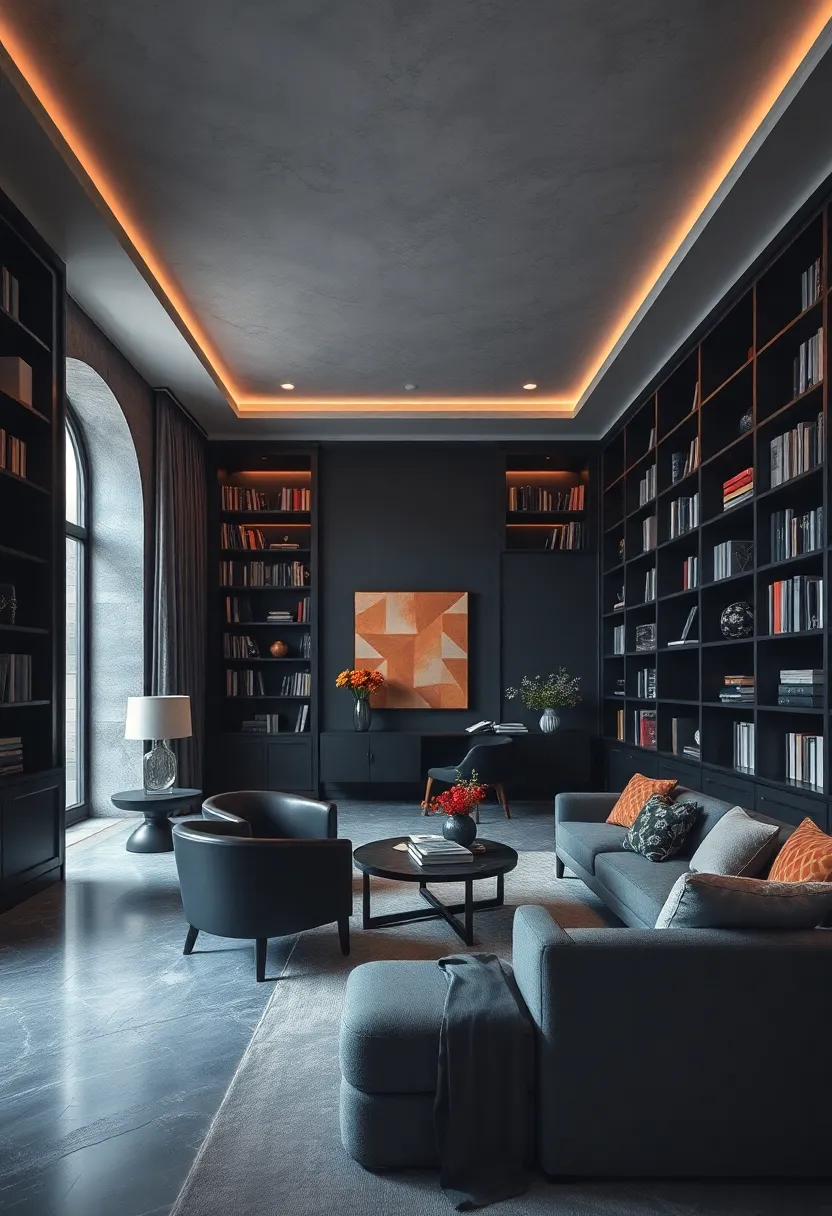 Classic Library: Floor-to-ceiling black bookcases paired⁢ with warm accent​ lighting create an inviting, study-like office retreat