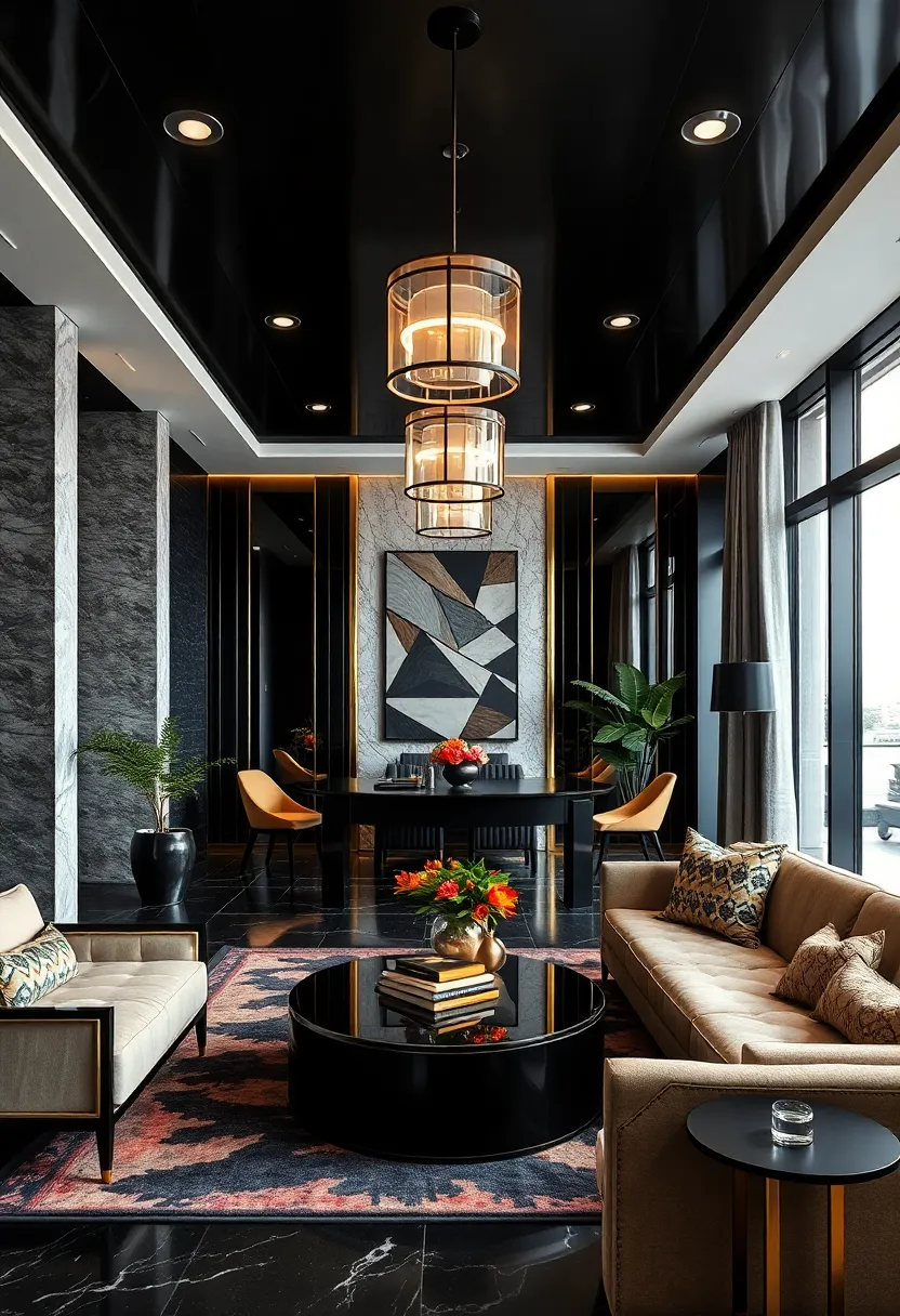 Art⁤ Deco⁢ Revival: Black lacquer ​panels and geometric gold accents evoke the glamour ‍of the⁢ Art Deco era ⁤in a modern office setting