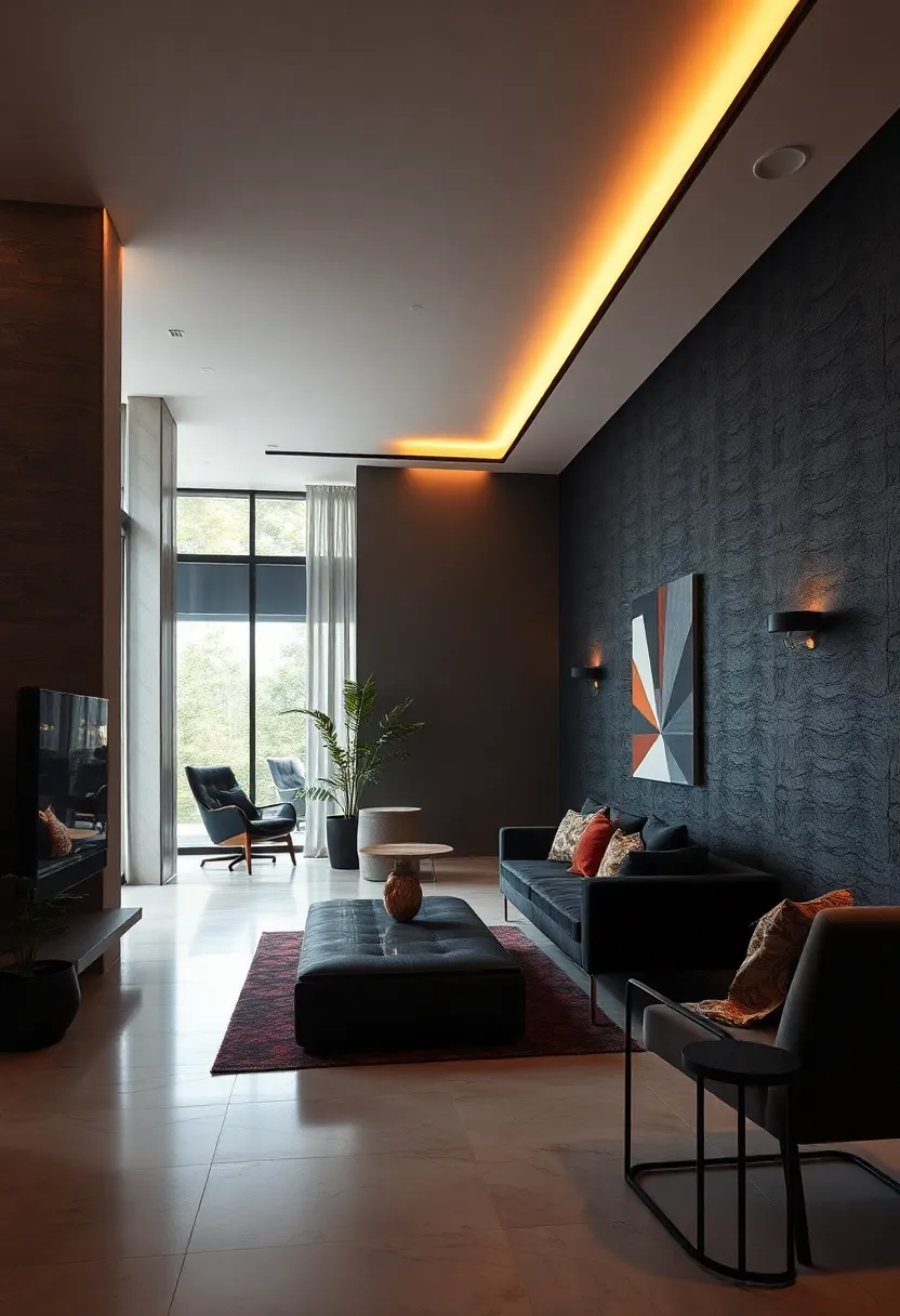 Shadow Play: ⁢Strategic lighting​ casts dramatic shadows on black textured walls,creating an immersive and inspiring office environment