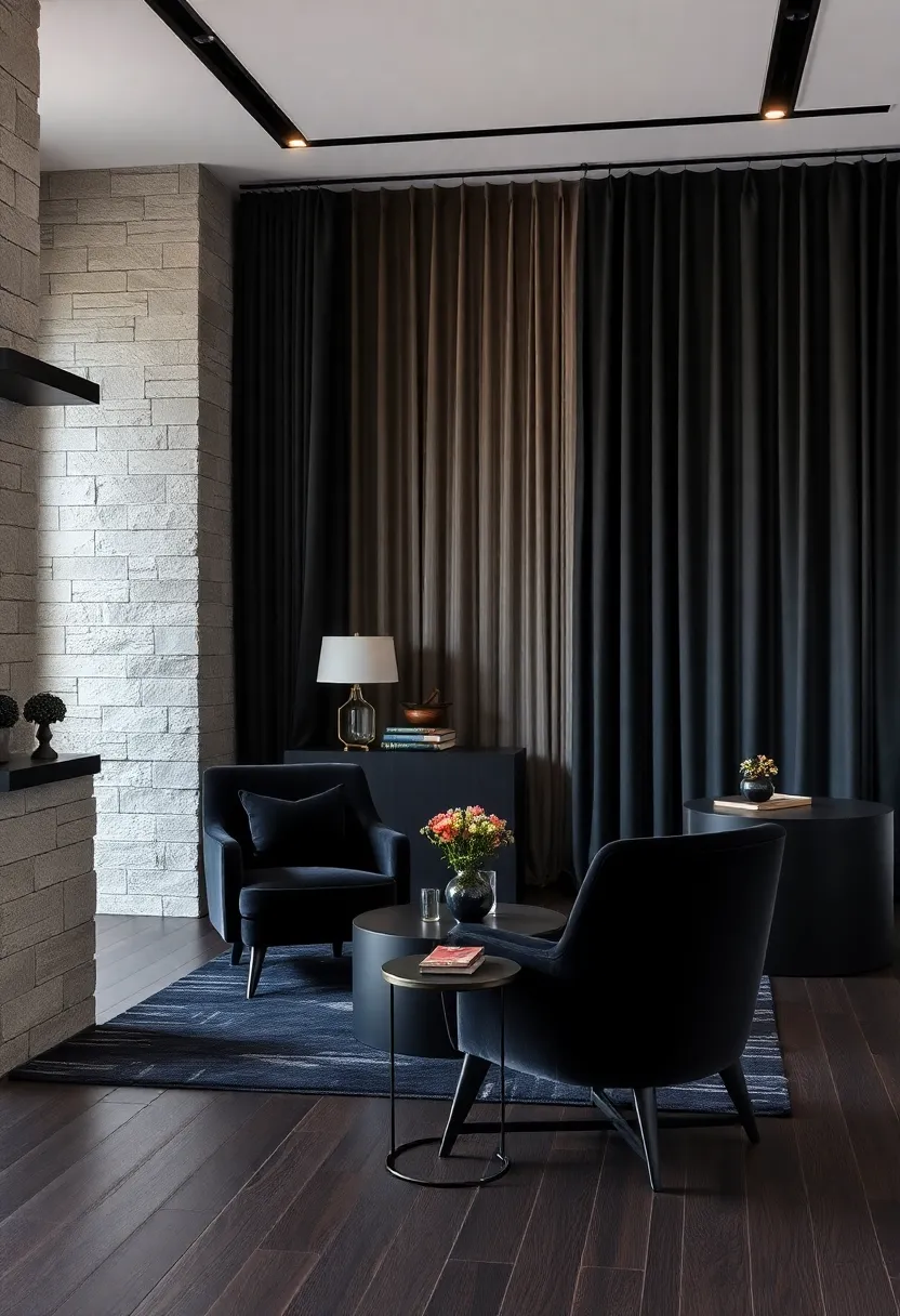 Velvet Touch:‍ Rich black ⁣velvet⁣ accents on chairs and curtains add a layer of sumptuous texture‍ against dark timber flooring