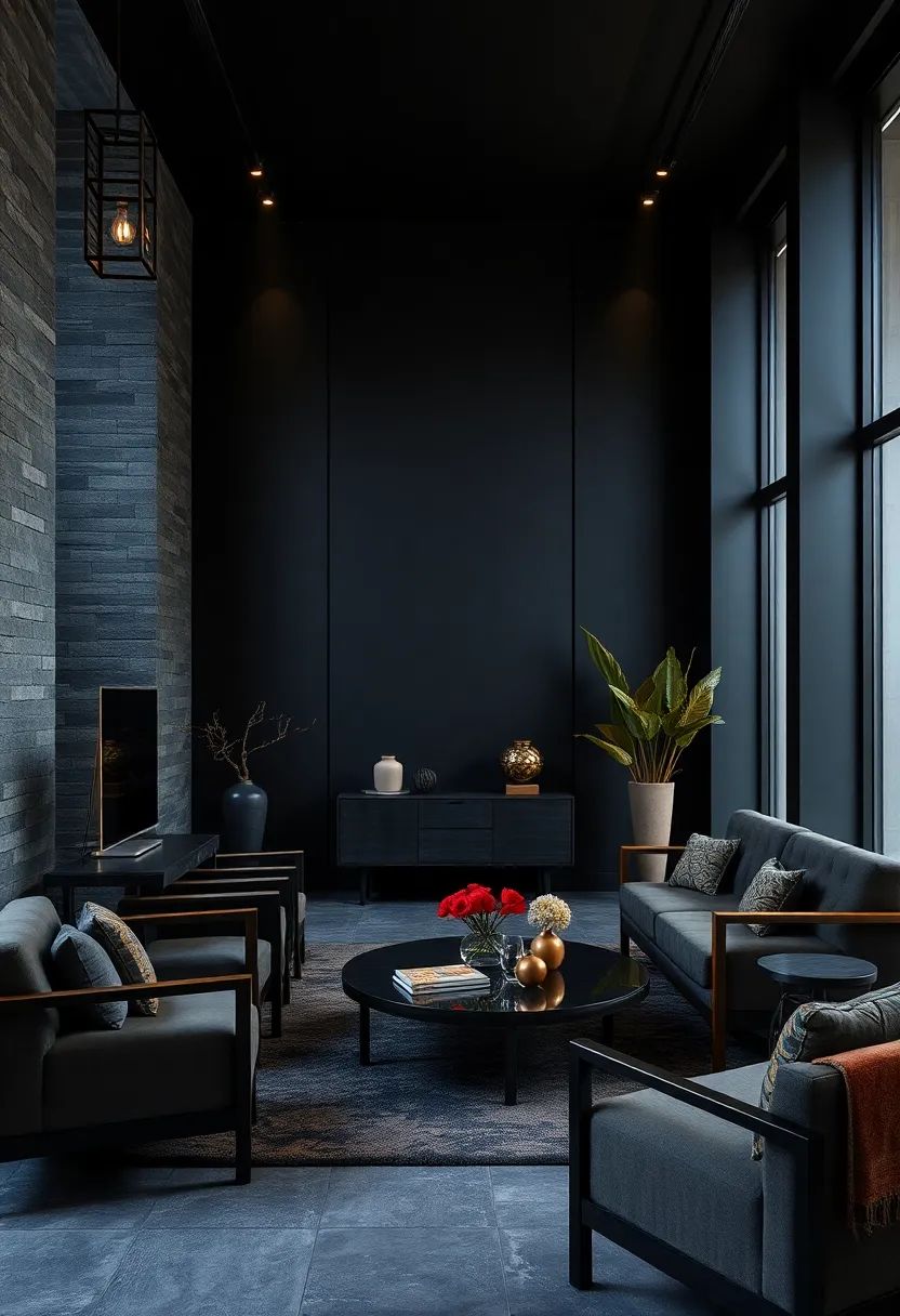 Dark Meets Warmth: Black walls and‍ furniture​ warmed⁣ by bronze fixtures⁣ and ambient lighting create ​a‌ cozy​ yet ⁤luxurious environment