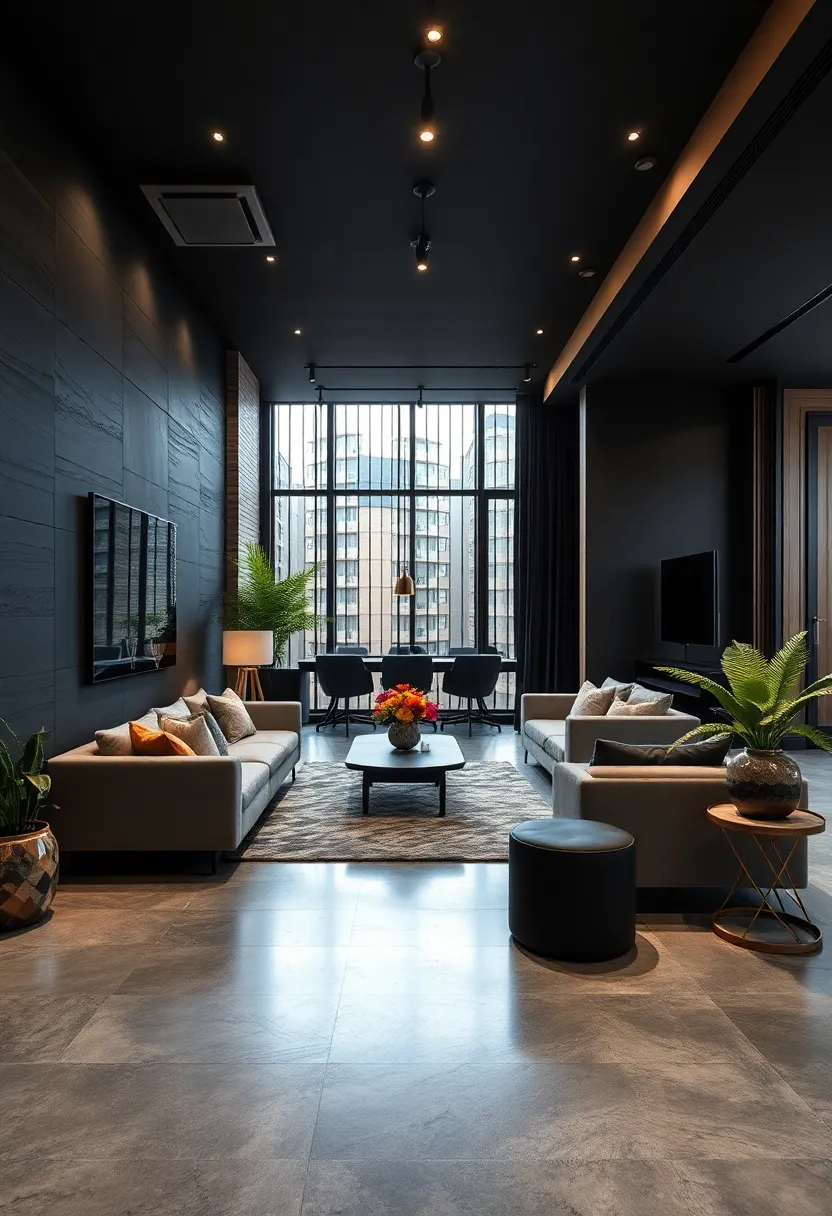 Textured Layers:‍ A mix of matte black ​walls, polished concrete floors, and soft⁣ textiles provides tactile ⁣depth⁣ and visual interest