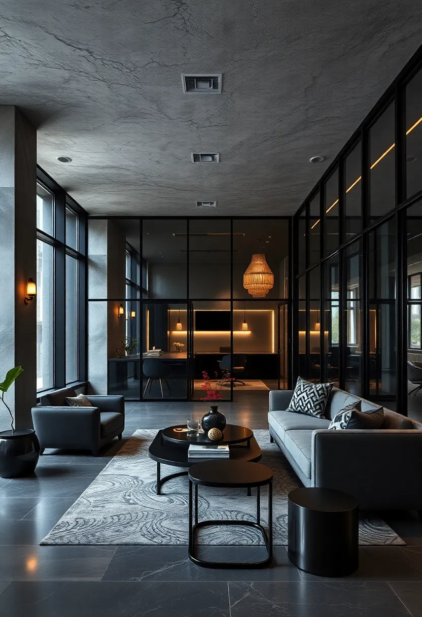 Glass and Ink: Black-framed glass partitions create private zones while maintaining an open, airy feel with ‍a monochrome palette