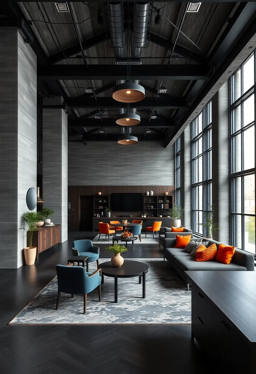 Industrial ⁢Chic: Exposed black steel beams and ⁣dark wood surfaces blend industrial elements ⁣with refined finishes for ‌a ‍commanding workspace