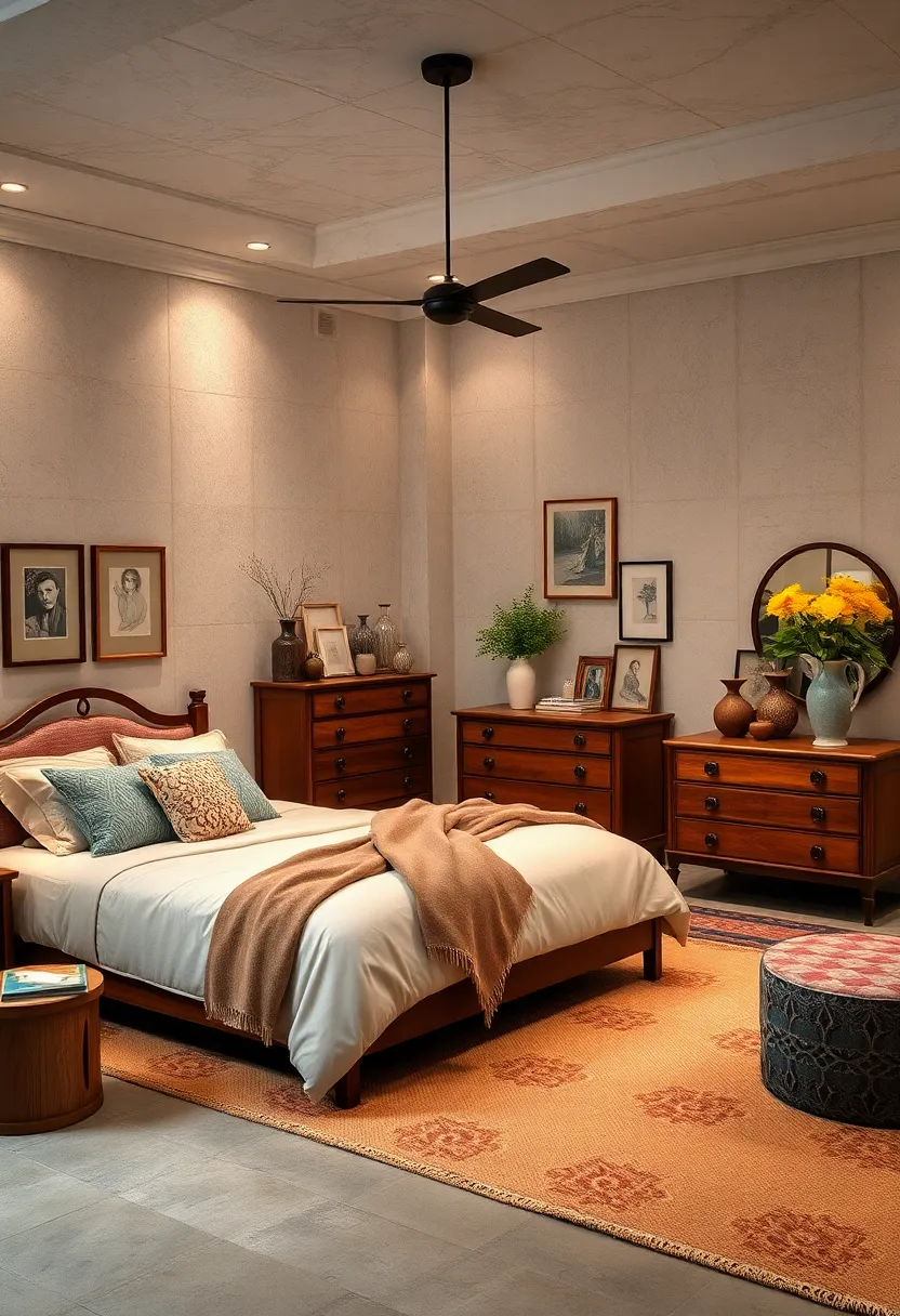 Employ soft, ambient lighting to enhance the warmth and intimacy of the eclectic bedroom
