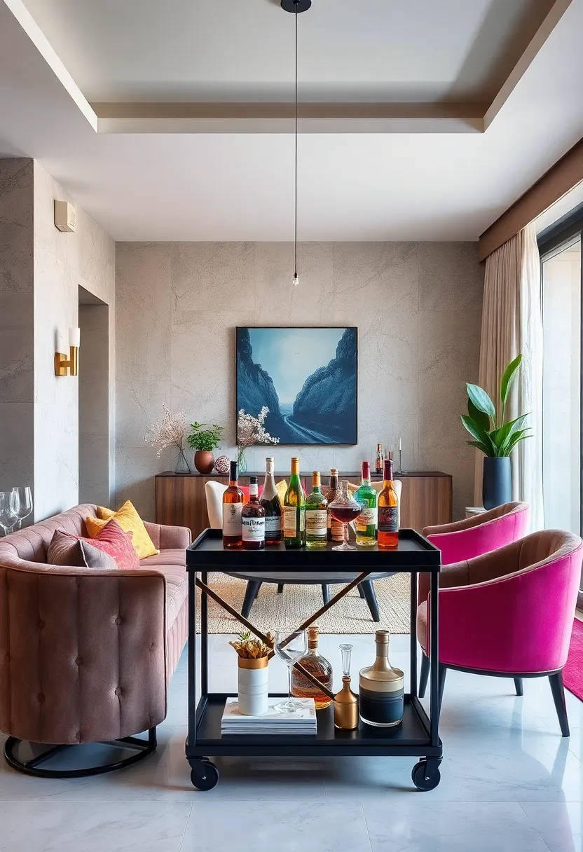 Contemporary contrast: Pair sleek ‍black carts with vivid, multicolored​ bottles to create striking visual appeal