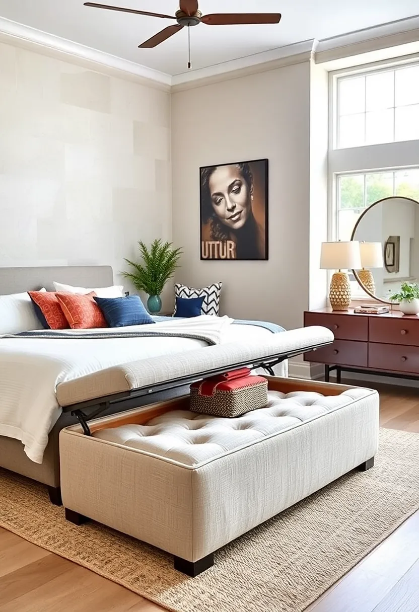 Storage Ottoman Bench: Position an ottoman with a lift-up top⁤ at the foot ‌of your bed⁤ to store ‍linens or clothes while providing extra seating