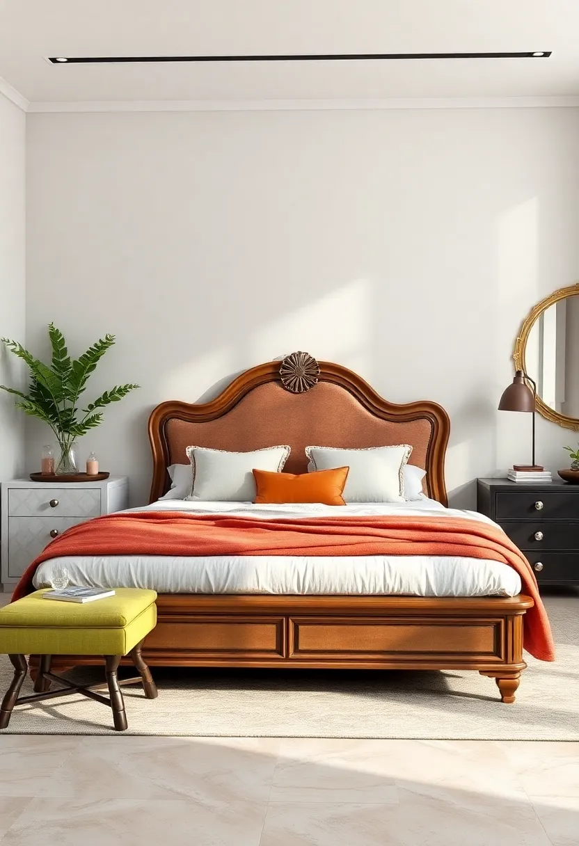vintage​ Elegance ​Meets‌ Modern Minimalism: Combining‍ a ⁢classic‌ ornate wooden​ bed frame with sleek, contemporary nightstands for‌ a ‍timeless yet fresh ⁢look