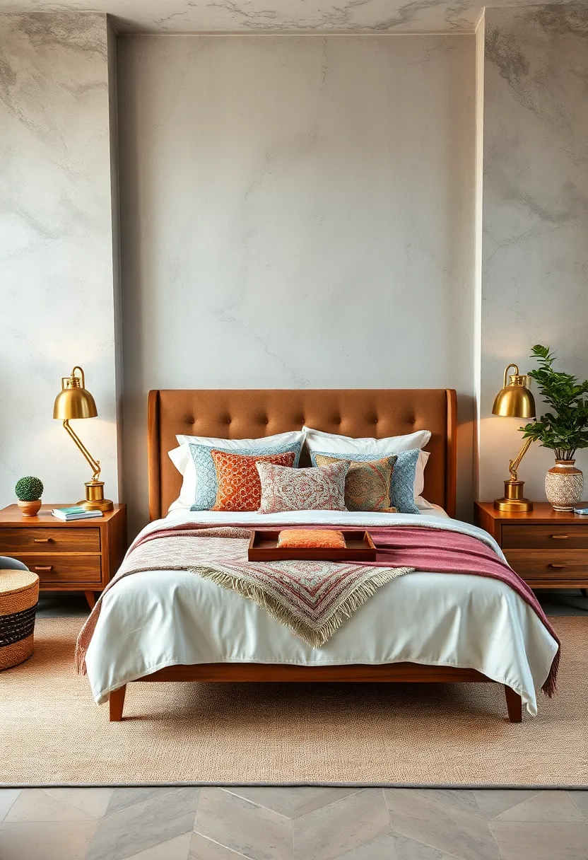 Eclectic Boho-Chic: ‌Layering mismatched patterned textiles over ‍a mid-century modern bed frame⁤ accompanied by antique‍ brass bedside lamps