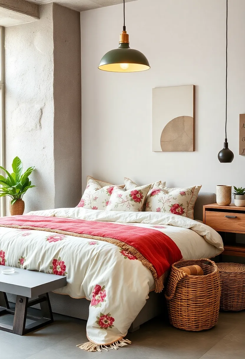Cottage‍ Core Meets ​Urban Edge: Merging floral patchwork quilts and wicker baskets⁣ with⁣ a concrete bedside table and ‍industrial ‍pendant lighting