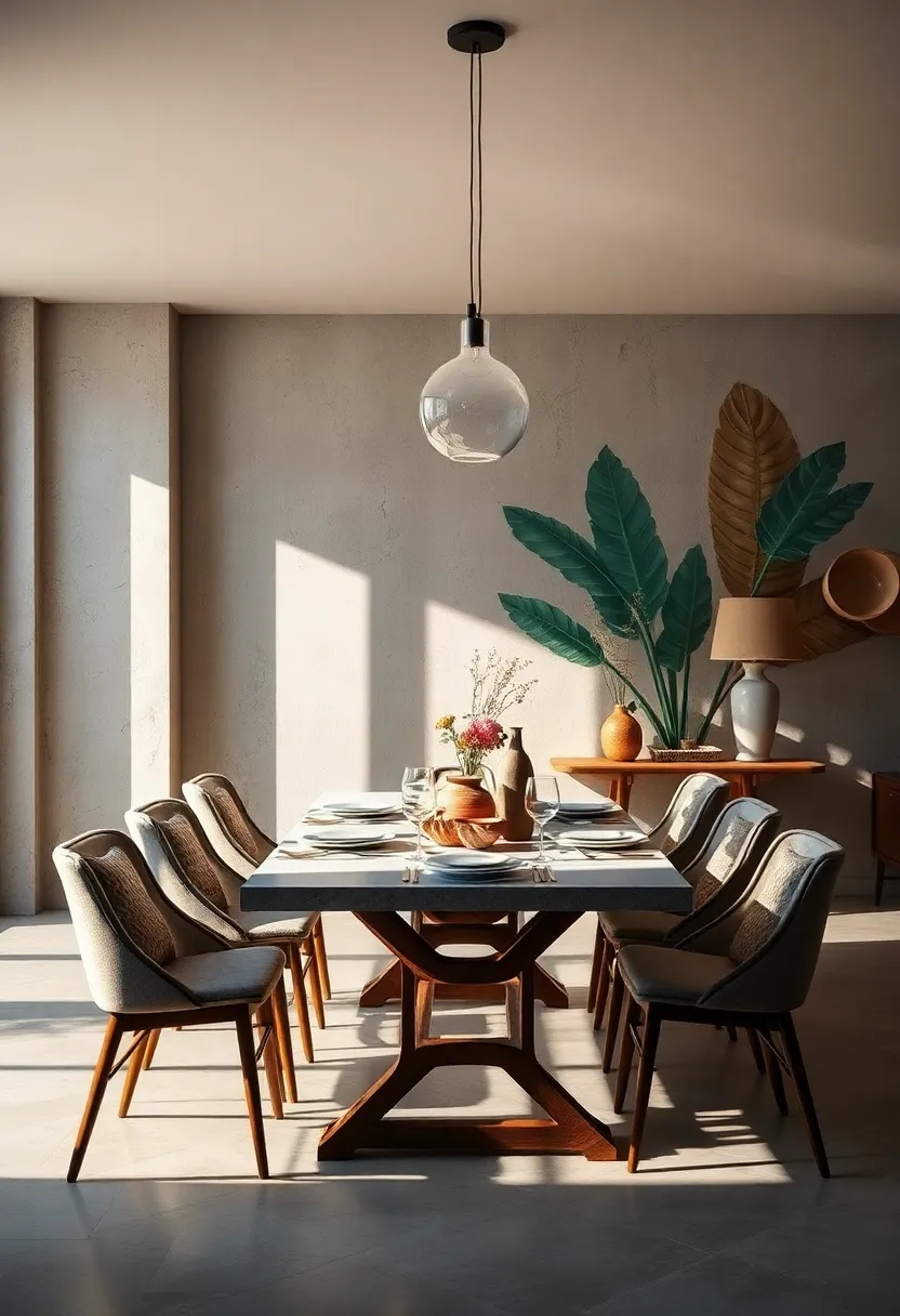 Ambient Light Casting Soft‌ Shadows Over A Vintage​ Eclectic Dining Table Set⁤ Against A Bold ​Mural Wall