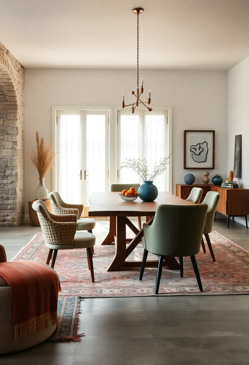 Natural Light Emphasizing ⁤A Mix ⁢Of Patterned Rugs And eclectic Chairs Around A Live-Edge ​Dining table