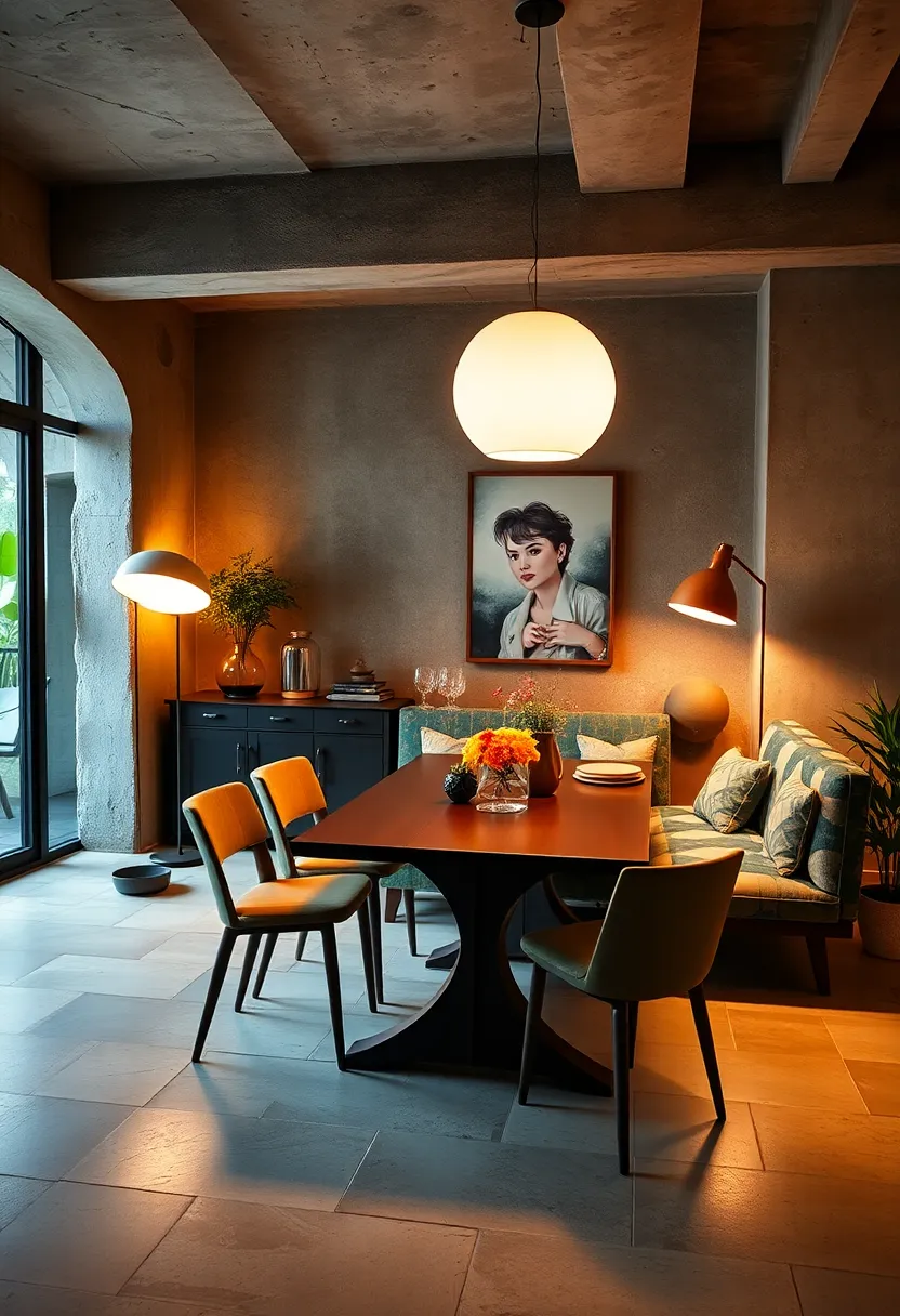 Sculptural Floor Lamps Positioned near A‍ Patchwork​ Bench⁢ Casting Dramatic Shading ⁤And Warm⁢ Ambiance