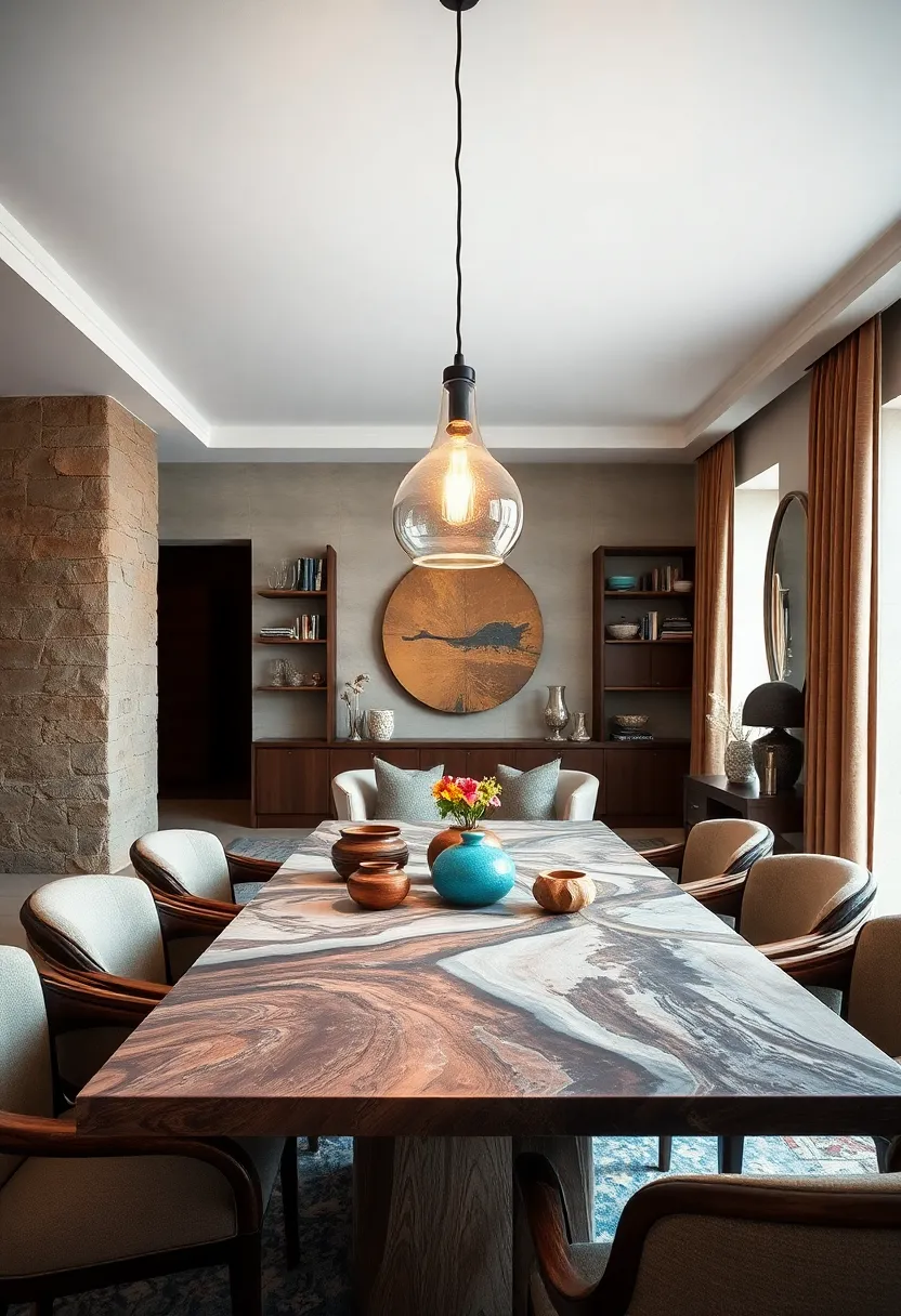 A Single statement Pendant Light ⁣With A Hand-Blown Glass Shade ‌Casting Patterns On An Eclectic Table