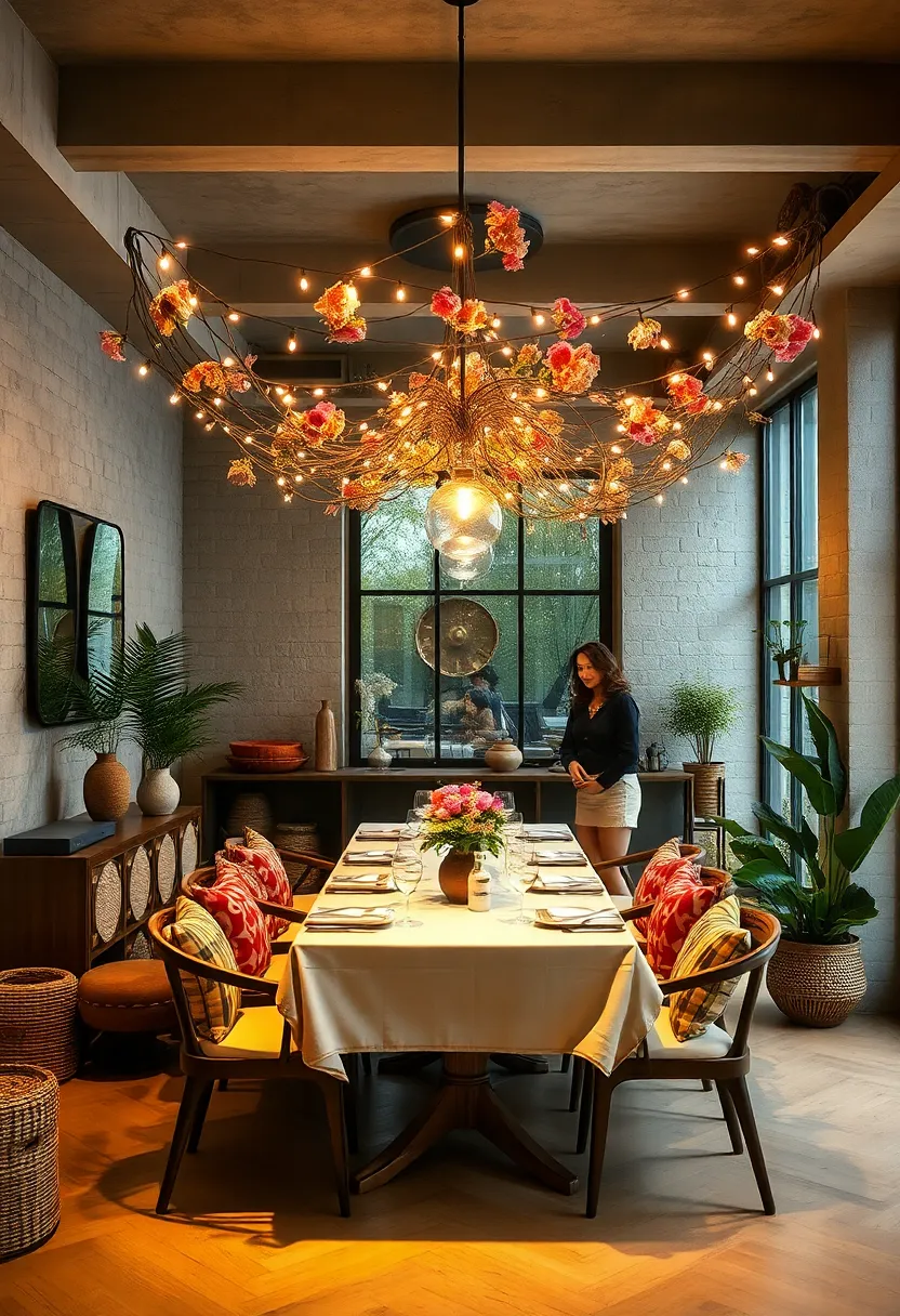 Delicate String Lights Woven Through Dried Flowers ⁤And Greenery ⁣Above A whimsical Eclectic ‌Dining ⁢Experience