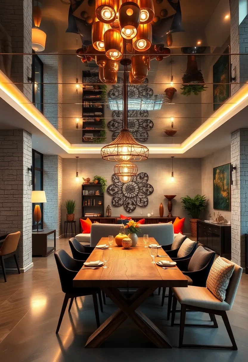 A‍ Reflective Mirrored ‍Ceiling Amplifying⁣ The Glow⁤ From Mixed Style Pendant ⁣Lamps Over A‍ Reclaimed Wood Table