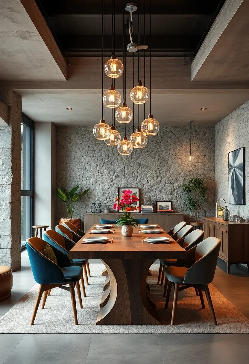 Dynamic‌ light Pods Suspended Above An ⁤Eclectic Table Made From Mixed ⁣Woods And‍ Metal ⁣Accents